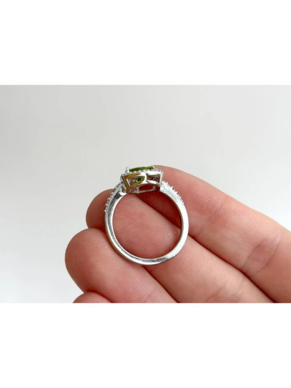 Trillion Cut Peridot Gemstone Halo CZ Sterling Silver 925 Vintage Ring - sz 8
